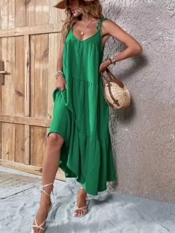 Robe de vacances sans manches à lacets robe maxi d'été vert tendre