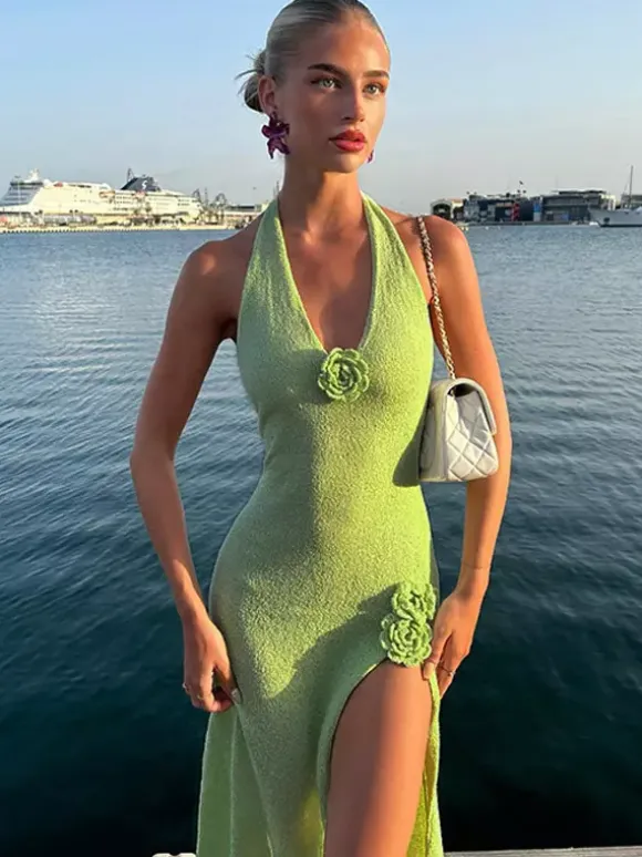 Robe de vacances sculptante dos nu à fleurs tricotée sans manches col en V couleur abricot