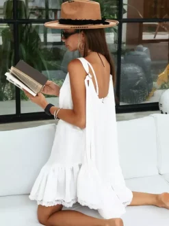 Robe d'été blanche chic et élégante pour femme mini sans manches dos nu et col en V style Daily Dresses