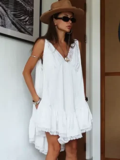 Robe d'été blanche chic et élégante pour femme mini sans manches dos nu et col en V style Daily Dresses