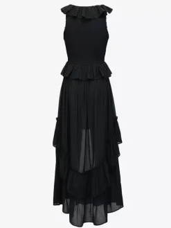 Robe d'été bohème à volants asymétrique pour femme - Robe midi fluide à volants col en V smocké sans manches - Idéale pour les vacances d'été à la plage 2026