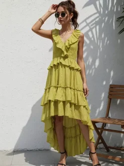 Robe d'été bohème à volants asymétrique pour femme - Robe midi fluide à volants col en V smocké sans manches - Idéale pour les vacances d'été à la plage 2026
