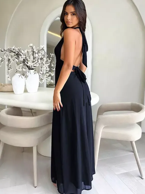 Robe d'été à col en V et fente haute longue robe de plage aquatique bleu ciel clair