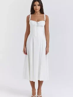 Robe D'Été Fendue Unicolore À Bretelles Col Chic À Lacets Robe Mi-Longue Simple