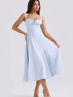 Robe D'Été Fendue Unicolore À Bretelles Col Chic À Lacets Robe Mi-Longue Simple