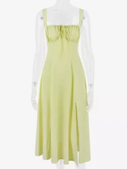 Robe D'Été Fendue Unicolore À Bretelles Col Chic À Lacets Robe Mi-Longue Simple