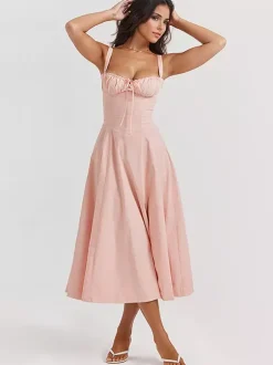 Robe D'Été Fendue Unicolore À Bretelles Col Chic À Lacets Robe Mi-Longue Simple