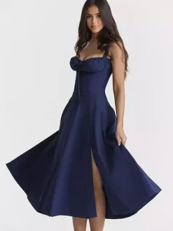 Robe D'Été Fendue Unicolore À Bretelles Col Chic À Lacets Robe Mi-Longue Simple