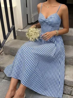 Robe d'été midi à bretelles spaghetti bleu et blanc débardeur à bretelles torsadées dos élastique fluide