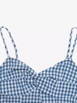 Robe d'été midi à bretelles spaghetti bleu et blanc débardeur à bretelles torsadées dos élastique fluide