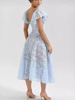 Robe en dentelle bleue à manches papillon et décolleté en c艙ur pour fête d'anniversaire robe mi-longue transparente pour femme 2026