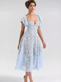 Robe en dentelle bleue à manches papillon et décolleté en c艙ur pour fête d'anniversaire robe mi-longue transparente pour femme 2026