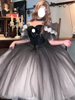 Robe Fairy Lolita à décolleté c艙ur manches courtes en tulle fleuri robe Sweet Lolita pour tea party