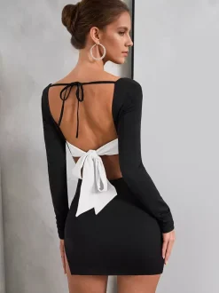 Robe fendue sur le côté en noir avec détail n艙ud manches longues bloc de couleurs mini robe moulante sexy pour femme 2026