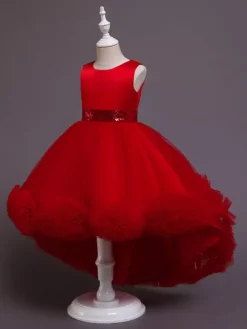 Robe fille de fleur asymétrique en tulle col rond noeud sur dos robe cortège enfant