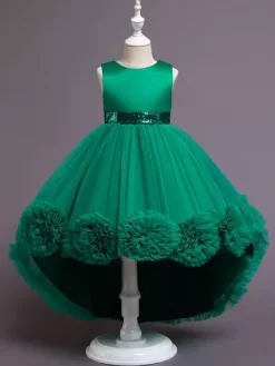 Robe fille de fleur asymétrique en tulle col rond noeud sur dos robe cortège enfant