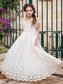 Robe fille de fleur bohémienne ivoire en dentelle noeud sur dos robe cortège enfant