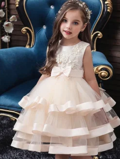 Robe fille de fleur robe cortège enfant col rond décoré de noeud