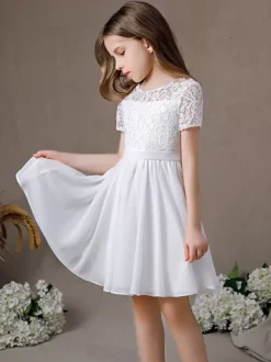 Robe fille de fleur robe cortège enfant robe cérémonie fille col rond manche courte au genou