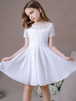 Robe fille de fleur robe cortège enfant robe cérémonie fille col rond manche courte au genou