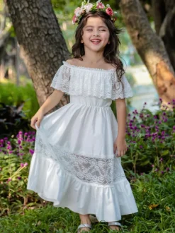 Robe fille de fleur robe cortège enfant ivoire en dentelle