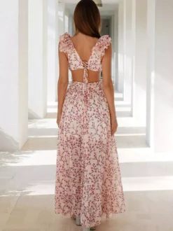 Robe fleurie fluide décolleté plongeant fente haute dos nu maxi robe bohème