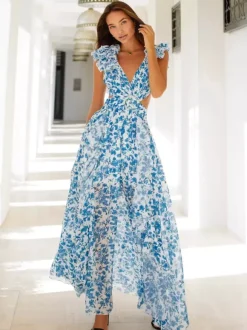 Robe fleurie fluide décolleté plongeant fente haute dos nu maxi robe bohème