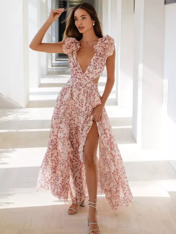 Robe fleurie fluide décolleté plongeant fente haute dos nu maxi robe bohème