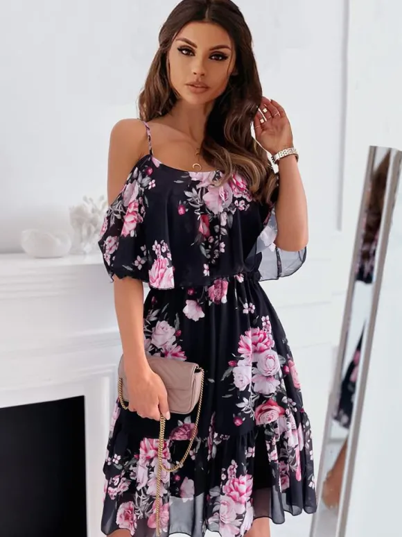 Robe Fleurie Patineuse Courte Imprimé avec Bretelles avec Volants Coupe Cintrée Bas Evasée