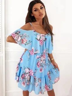 Robe Fleurie Patineuse Courte Imprimé avec Bretelles avec Volants Coupe Cintrée Bas Evasée