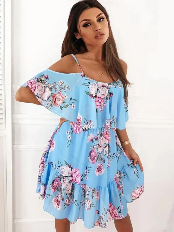 Robe Fleurie Patineuse Courte Imprimé avec Bretelles avec Volants Coupe Cintrée Bas Evasée