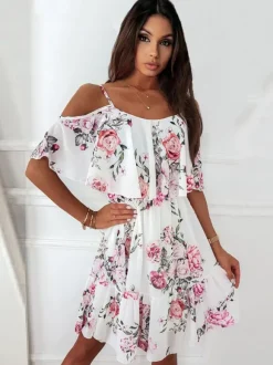 Robe Fleurie Patineuse Courte Imprimé avec Bretelles avec Volants Coupe Cintrée Bas Evasée