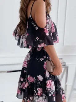 Robe Fleurie Patineuse Courte Imprimé avec Bretelles avec Volants Coupe Cintrée Bas Evasée
