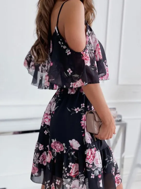 Robe Fleurie Patineuse Courte Imprimé avec Bretelles avec Volants Coupe Cintrée Bas Evasée