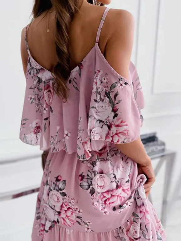 Robe Fleurie Patineuse Courte Imprimé avec Bretelles avec Volants Coupe Cintrée Bas Evasée