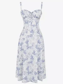 Robe fleurie Robe mi-longue Robes Imprimé floral Bretelles fendues Col Sans manches Cottagecore Été