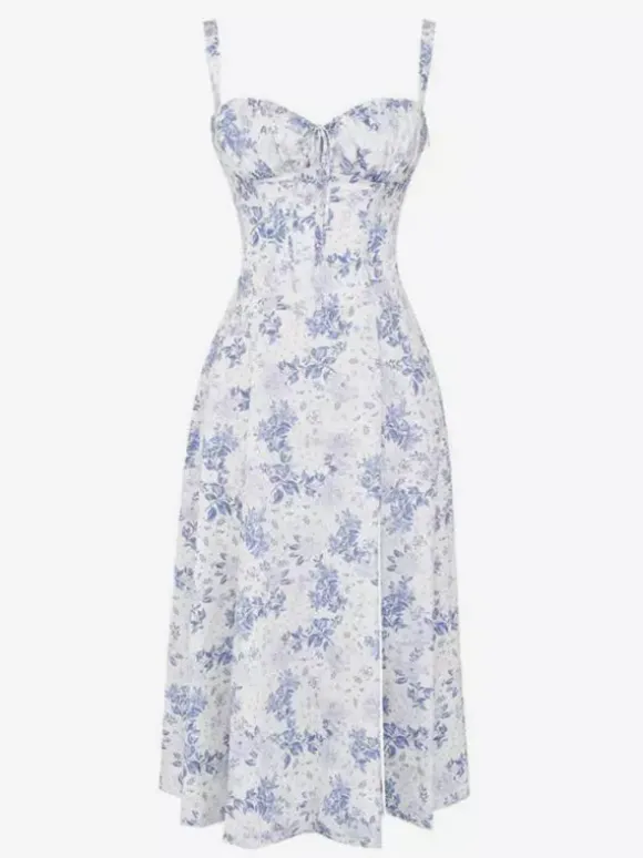 Robe fleurie Robe mi-longue Robes Imprimé floral Bretelles fendues Col Sans manches Cottagecore Été
