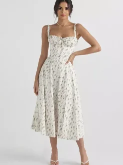 Robe fleurie Robe mi-longue Robes Imprimé floral Bretelles fendues Col Sans manches Cottagecore Été