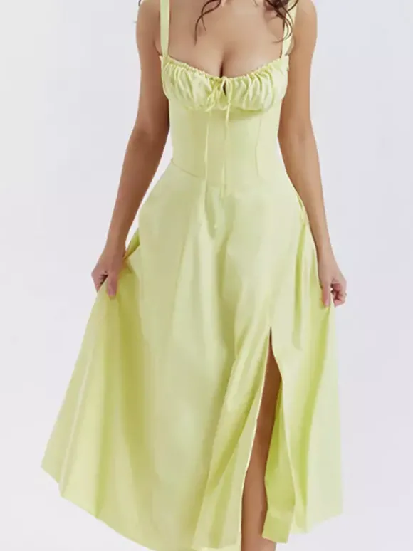 Robe fleurie Robe mi-longue Robes Imprimé floral Bretelles fendues Col Sans manches Cottagecore Été