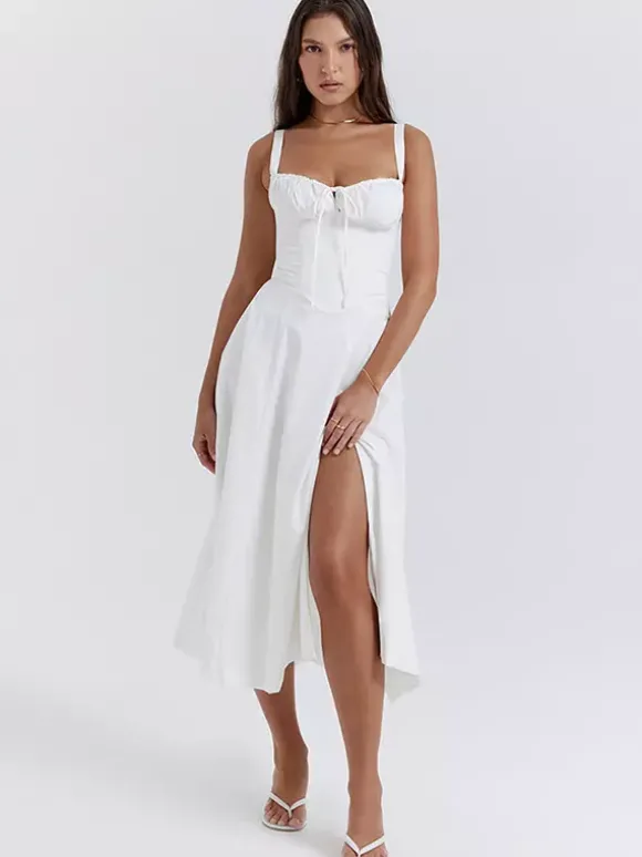 Robe fleurie Robe mi-longue Robes Imprimé floral Bretelles fendues Col Sans manches Cottagecore Été