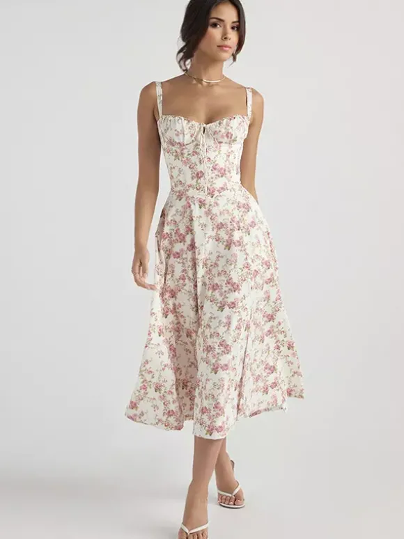 Robe fleurie Robe mi-longue Robes Imprimé floral Bretelles fendues Col Sans manches Cottagecore Été