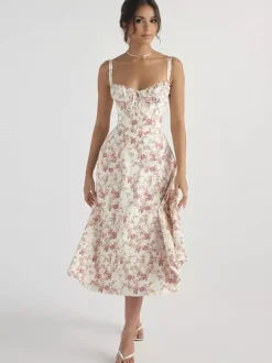 Robe fleurie Robe mi-longue Robes Imprimé floral Bretelles fendues Col Sans manches Cottagecore Été