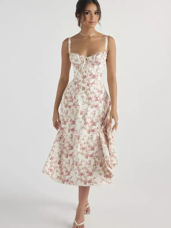 Robe fleurie Robe mi-longue Robes Imprimé floral Bretelles fendues Col Sans manches Cottagecore Été