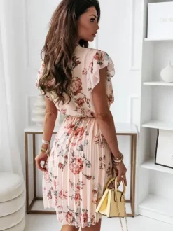 Robe Fleurie Été en Mousselines Courte Imprimée Femme à Col V avec Manches Courtes Volante Coupe Cintrée Elastique Bicolores