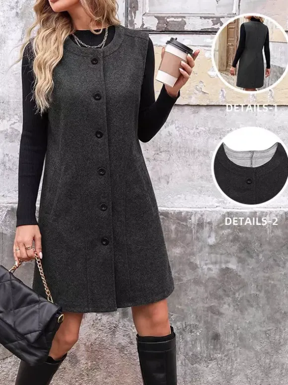 Robe-gilet midi sans manches en laine mélangée gris foncé col rond boutons sur le devant style décontracté