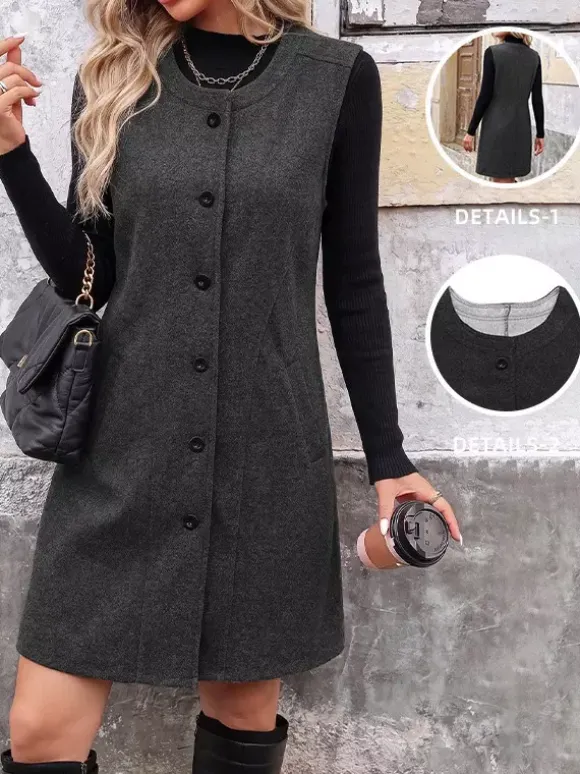 Robe-gilet midi sans manches en laine mélangée gris foncé col rond boutons sur le devant style décontracté