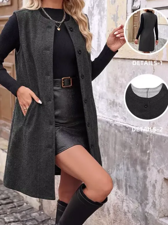 Robe-gilet midi sans manches en laine mélangée gris foncé col rond boutons sur le devant style décontracté
