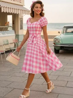 Robe Glamour rétro col en c艙ur manches bouffantes pois robes longues décontractées