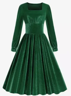 Robe glamour vintage années 1950 noire manches longues col carré style rockabilly