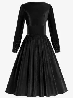 Robe glamour vintage années 1950 noire manches longues col carré style rockabilly